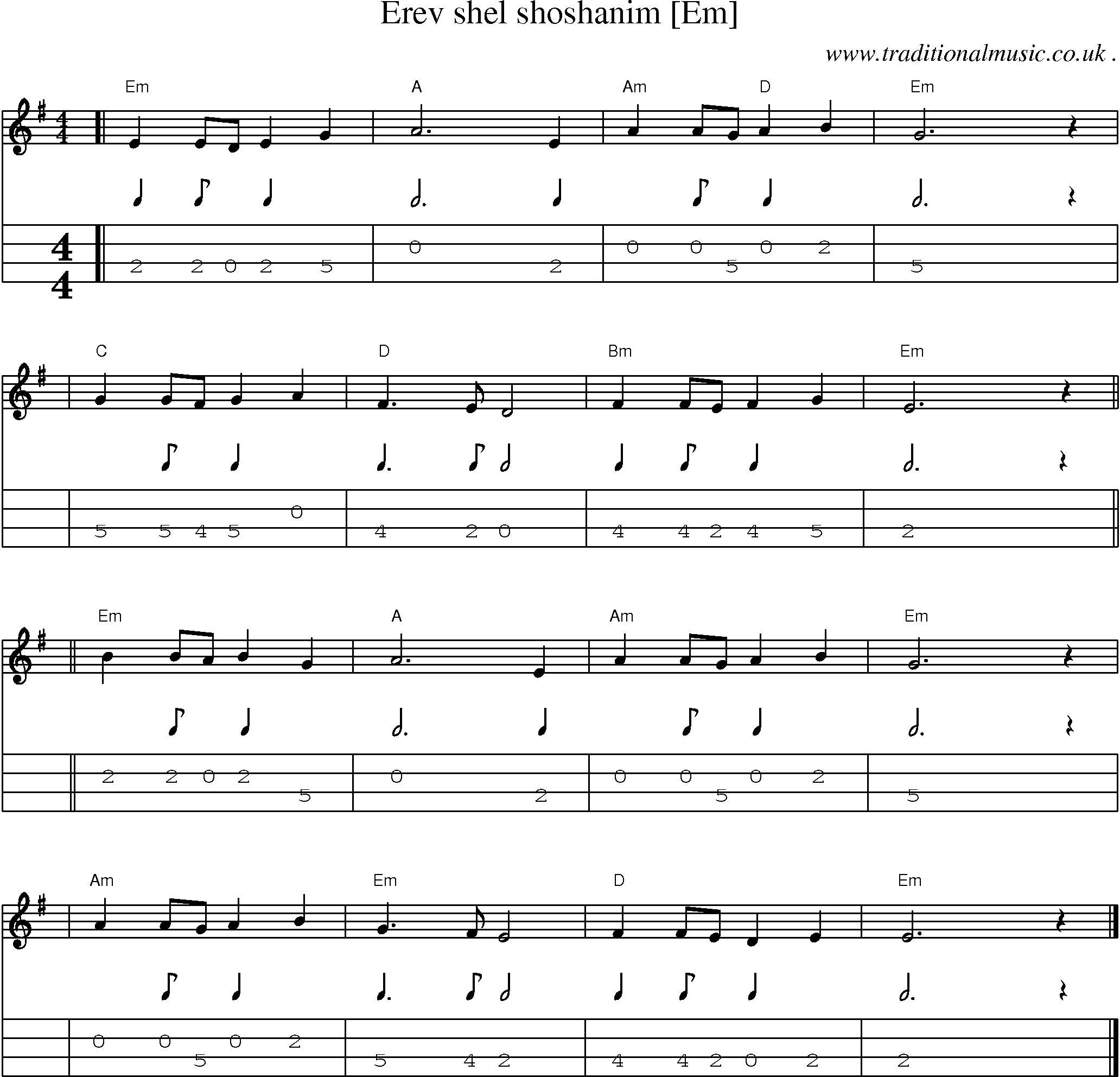 Sheet-music  score, Chords and Mandolin Tabs for Erev Shel Shoshanim [em]